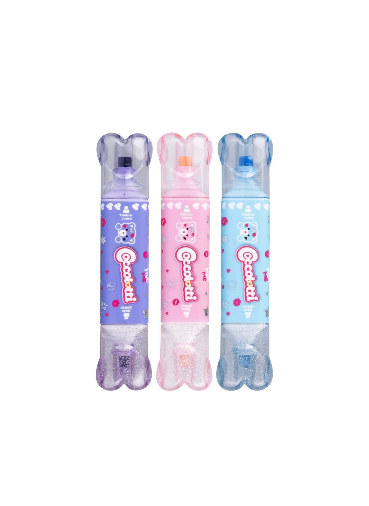 Coccolotti- Set 3 evidenziatori glitterati  con timbro