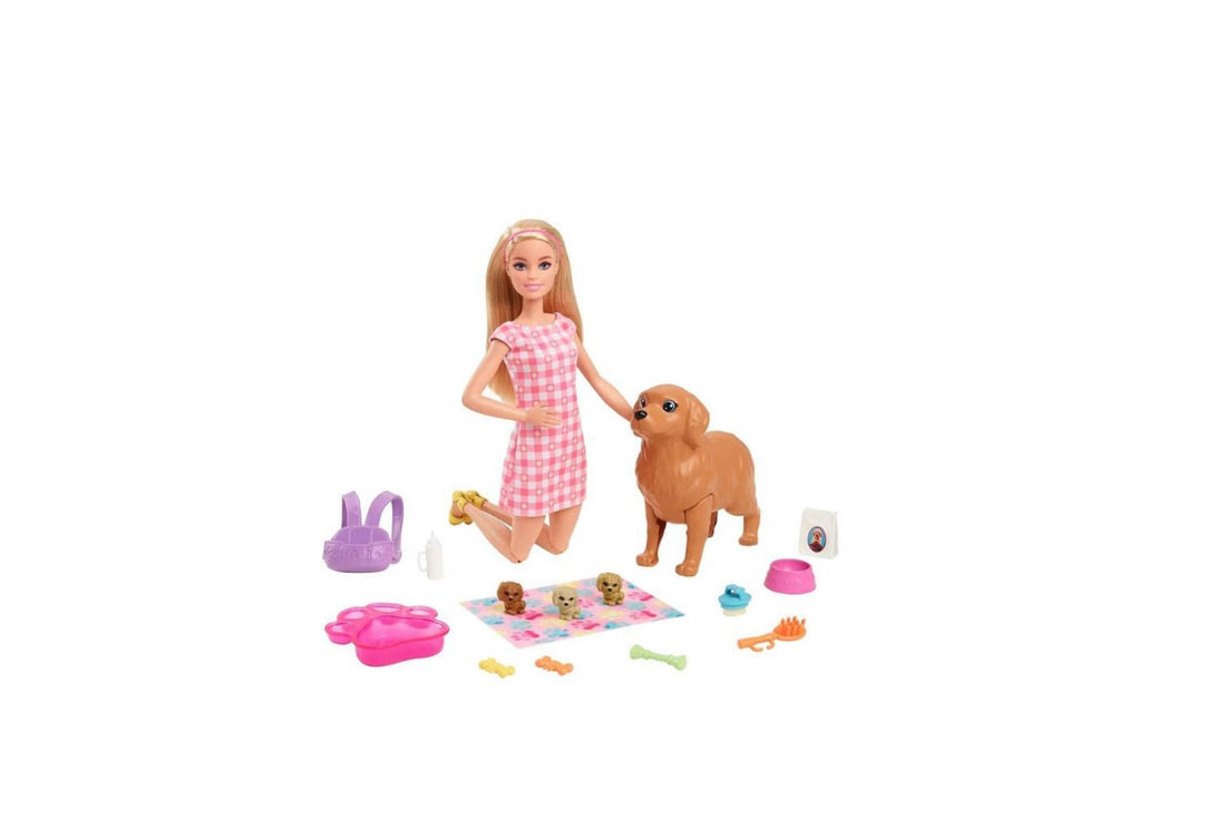 Barbie- Playset parto cuccioli appena nati con bambola inclusa