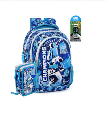 Julian Ross- Schoolpack zaino champions azzurro + astuccio 3 zip completo + omaggio orologio digitale led
