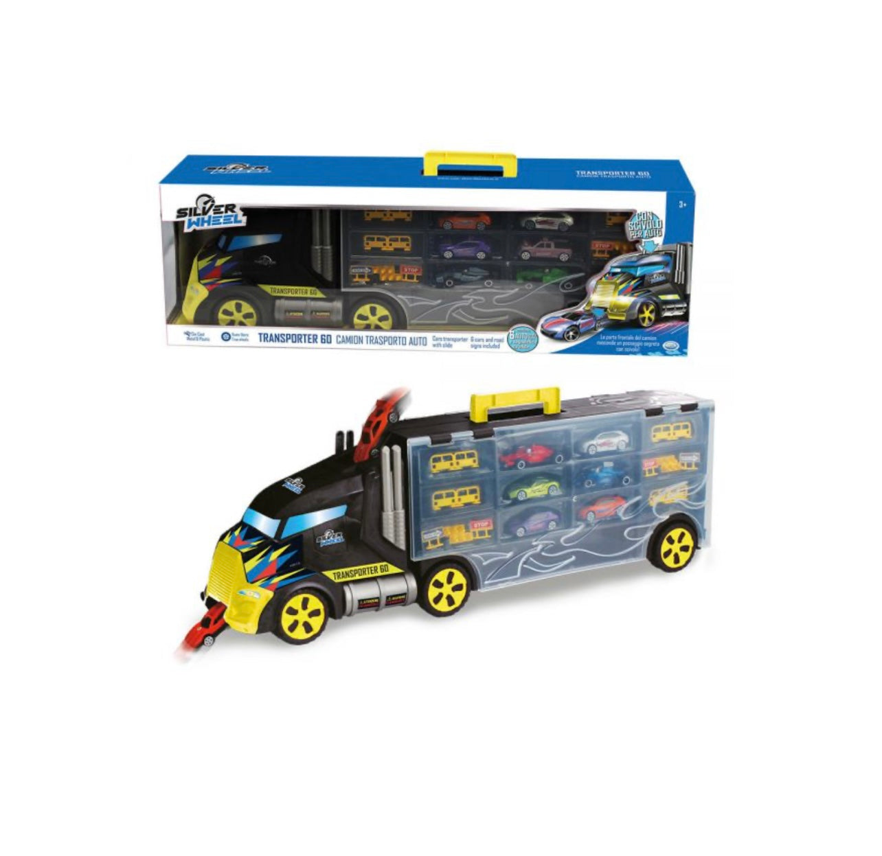 Silver Wheels- Camion autotrasportatore 60cm con auto e segnali stradali inclusi