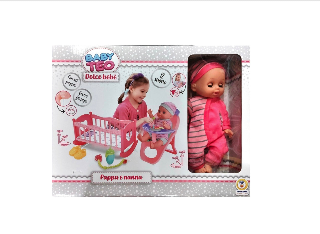 Baby Teo- Bambola set pappa e nanna con suoni beve e pipì