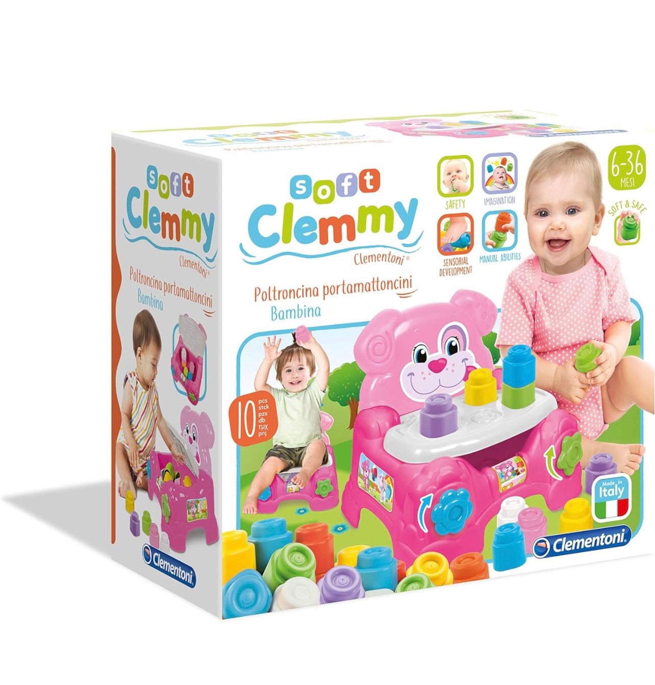 Baby Clementoni- poltroncina portamattoncini con 10 soft clemmy incluse