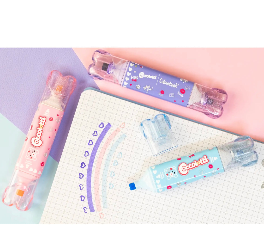 Coccolotti- Set 3 evidenziatori glitterati  con timbro