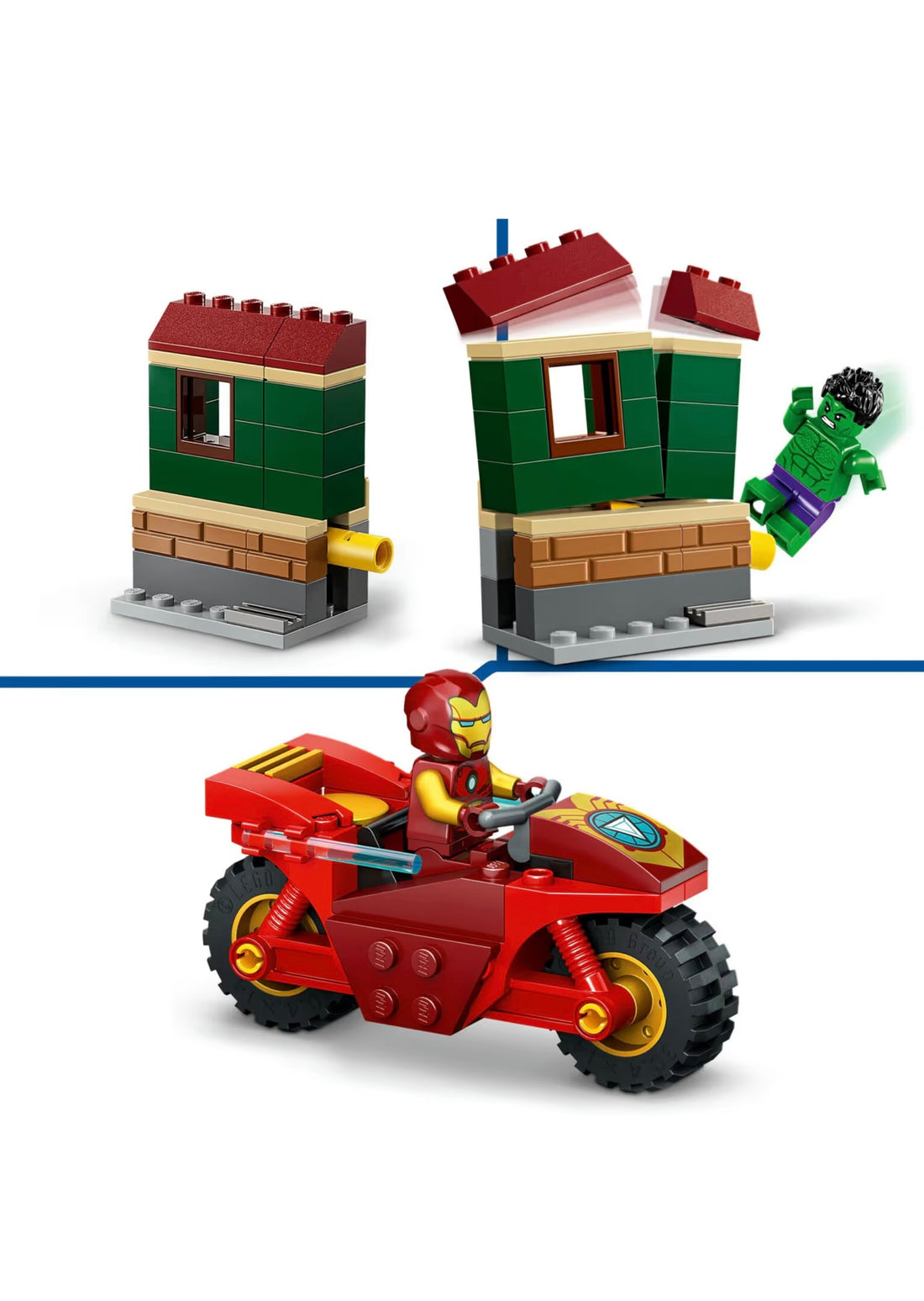 Lego- Marvel Iron Man con moto e the Hulk