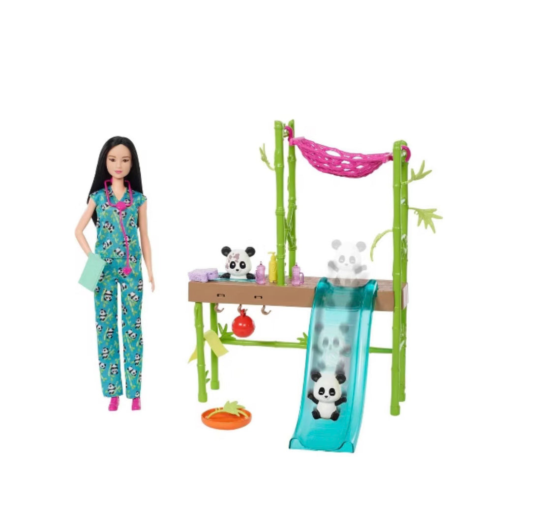 Barbie- Playset centro veterinario Panda  con 20 accessori